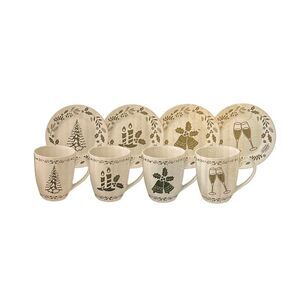 Elise Ceramic Christmas Cups & Saucers With Glossy Decoration Set of 4‎ NIB